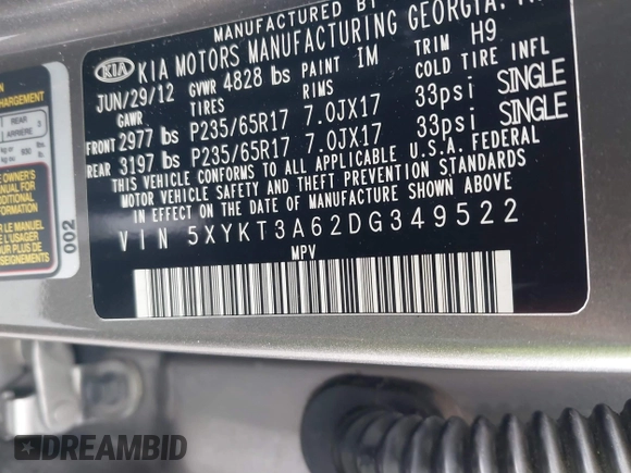 2013 Kia Sorento LX with VIN 5XYKT3A62DG349522, listed as a IAAI auction lot 38563127 with 127,205 mi miles and . Bid and sale history available at carsss.com. Image 9.