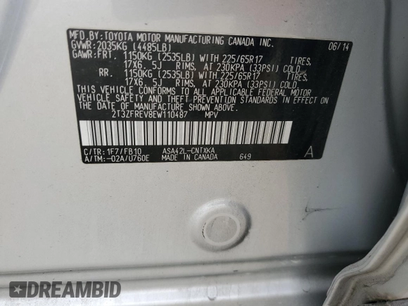 2014 Toyota RAV4 LE with VIN 2T3ZFREV8EW110487, listed as a Copart auction lot 60245565 with Not provided miles and Salvage title. Bid and sale history available at DreamBid. Image 13.