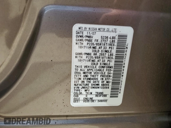 2009 Nissan Murano LE with VIN JN8AZ18W99W103084, listed as a Copart auction lot 67881514 with 183,715 mi miles and Non Repairable. Bid and sale history available at carsss.com. Image 13.