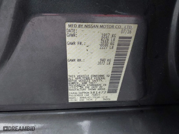 2016 Nissan Altima 2.5 SR with VIN 1N4AL3AP9GN381472, listed as a IAAI auction lot 41630389 with 207,706 mi miles. Bid and sale history available at carsss.com. Image 9.