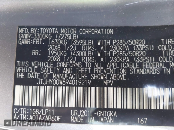 2009 Lexus LX 570 with VIN JTJHY00W894019219, listed as a IAAI auction lot 41744811 with Not Provided miles and . Bid and sale history available at carsss.com. Image 9.