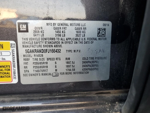 2015 Buick Enclave Convenience with VIN 5GAKRAKD0FJ166432, listed as a Copart auction lot 43814155 with 117,960 mi miles and Salvage Title. Bid and sale history available at carsss.com. Image 13.