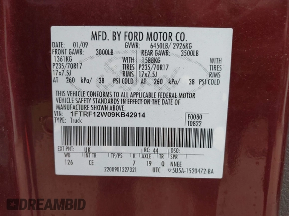 2009 Ford F-150 XL с VIN 1FTRF12W09KB42914, выставлен на аукционе IAAI как лот 42368390 с пробегом 79 024 миль миль и . История ставок и продаж доступна на DreamBid. Изображение 9.