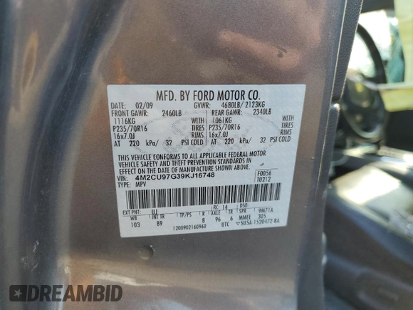 2009 Mercury Mariner Premier with VIN 4M2CU97G39KJ16748, listed as a Copart auction lot 60787005 with 191,206 mi miles and Salvage title. Bid and sale history available at DreamBid. Image 14.