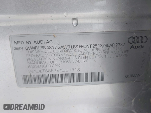 2005 Audi A4 3.0L z VIN WAULT68E35A021818, wystawiony jako IAAI lot #41986513 z przebiegiem 189 449 mil mil oraz . Historia ofert i sprzedaży dostępna na DreamBid. Obrazek 9.