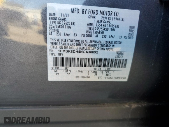 2022 Ford Explorer XLT с VIN 1FMSK8DH4NGA38892, выставлен на аукционе Copart как лот 48904025 с пробегом 46 061 миль миль и Списание • Salvage title. История ставок и продаж доступна на DreamBid. Изображение 13.