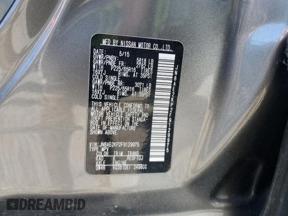 2015 Nissan Quest SV with VIN JN8AE2KP2F9129975, listed as a Copart auction lot 50630875 with 0 mi miles and Salvage Title. Bid and sale history available at carsss.com. Image 14.