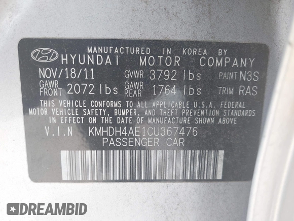2012 Hyundai Elantra Limited с VIN KMHDH4AE1CU367476, выставлен на аукционе IAAI как лот 42472828 с пробегом 103 564 миль миль и . История ставок и продаж доступна на DreamBid. Изображение 9.