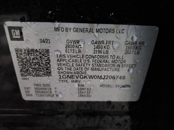 2021 Chevrolet Traverse LT Cloth with VIN 1GNEVGKW0MJ206749, listed as a Copart auction lot 45691765 with 62,539 mi miles and Salvage Title. Bid and sale history available at carsss.com. Image 14.