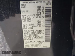 2018 Nissan Murano Platinum with VIN 5N1AZ2MG1JN149188, listed as a IAAI auction lot 41757053 with 144,221 mi miles. Bid and sale history available at carsss.com. Image 9.