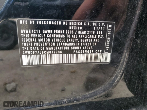 2012 Volkswagen Jetta SE z VIN 3VWDP7AJ9CM077736, wystawiony jako Copart lot #55556735 z przebiegiem 165 654 mil mil oraz Nie do naprawy • Non repairable. Historia ofert i sprzedaży dostępna na DreamBid. Obrazek 12.