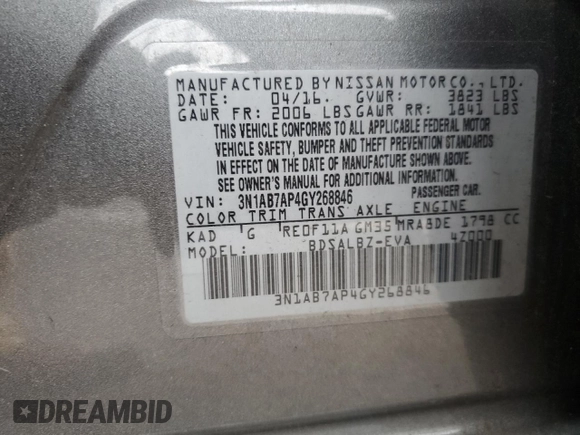2016 Nissan Sentra SV with VIN 3N1AB7AP4GY268846, listed as a Copart auction lot 52778745 with 70,486 mi miles and Salvage Title. Bid and sale history available at DreamBid. Image 13.