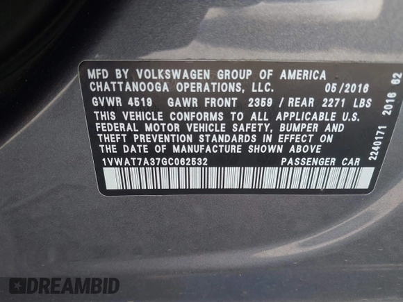2016 Volkswagen Passat 1.8T S with VIN 1VWAT7A37GC062532, listed as a IAAI auction lot 40267187 with 108,340 mi miles. Bid and sale history available at carsss.com. Image 9.
