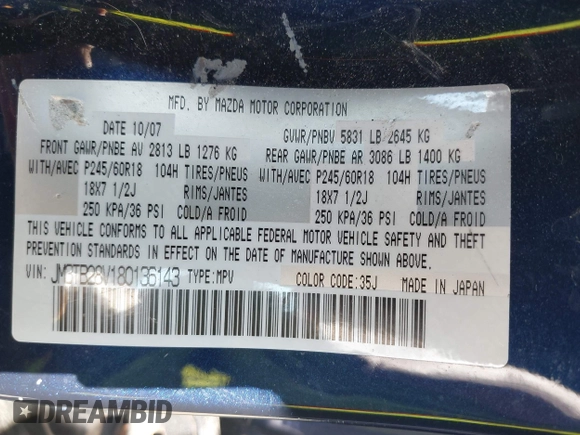 2008 Mazda CX-9 Touring z VIN JM3TB28V180136143, wystawiony jako IAAI lot #42094821 z przebiegiem 187 415 mil mil oraz . Historia ofert i sprzedaży dostępna na DreamBid. Obrazek 9.
