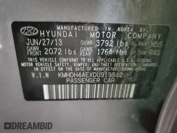 2013 Hyundai Elantra GLS z VIN KMHDH4AEXDU919512, wystawiony jako Copart lot #84223604 z przebiegiem 118 391 mil mil oraz Szkoda całkowita • Salvage title. Historia ofert i sprzedaży dostępna na DreamBid. Obrazek 12.