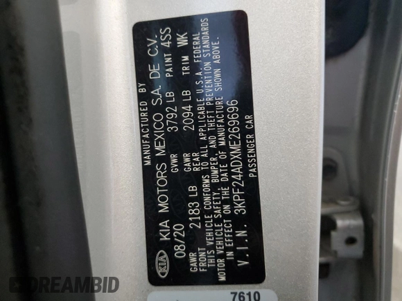 2021 Kia Forte FE with VIN 3KPF24ADXME269696, listed as a Copart auction lot 82281444 with 88,975 mi miles and Clean title. Bid and sale history available at DreamBid. Image 12.