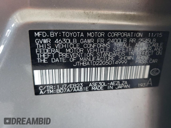 2016 Lexus IS 200t with VIN JTHBA1D22G5014999, listed as a Copart auction lot 63469855 with 112,577 mi miles and Salvage title. Bid and sale history available at DreamBid. Image 13.