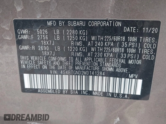 2021 Subaru Outback Limited XT with VIN 4S4BTGND2M3141284, listed as a IAAI auction lot 42113791 with 63,030 mi miles and . Bid and sale history available at DreamBid. Image 9.