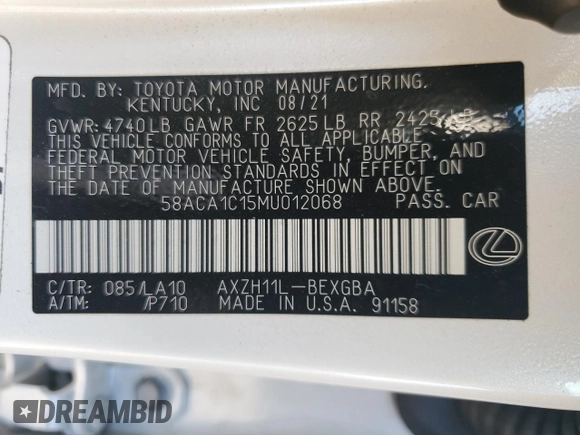 2021 Lexus ES with VIN 58ACA1C15MU012068, listed as a Copart auction lot 78684994 with 68,935 mi miles and Salvage Title. Bid and sale history available at carsss.com. Image 13.
