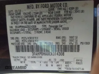 2012 Ford Fusion SE with VIN 3FAHP0HAXCR314308, listed as a IAAI auction lot 41744602 with Not Provided miles and . Bid and sale history available at DreamBid. Image 9.