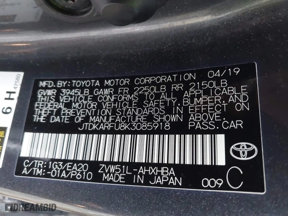 2019 Toyota Prius L Eco with VIN JTDKARFU8K3085918, listed as a IAAI auction lot 41107891 with 166,295 mi miles. Bid and sale history available at carsss.com. Image 9.