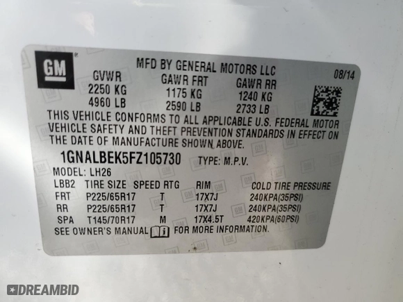 2015 Chevrolet Equinox LT with VIN 1GNALBEK5FZ105730, listed as a Copart auction lot 53353105 with 127,340 mi miles and Clean Title. Bid and sale history available at carsss.com. Image 13.