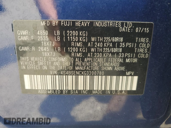 2016 Subaru Outback Limited with VIN 4S4BSENCXG3200780, listed as a Copart auction lot 57398595 with 118,045 mi miles and Salvage title. Bid and sale history available at DreamBid. Image 13.
