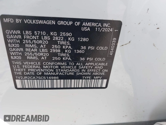 2025 Volkswagen Atlas SE with VIN 1V2JR2CA7SC514986, listed as a IAAI auction lot 42003723 with 4,995 mi miles and . Bid and sale history available at DreamBid. Image 9.