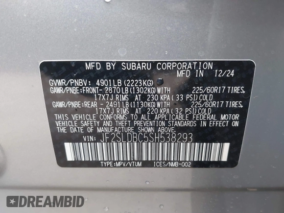 2025 Subaru Forester Premium с VIN JF2SLDBC5SH538293, выставлен на аукционе IAAI как лот 41898976 с пробегом 424 миль миль и . История ставок и продаж доступна на DreamBid. Изображение 9.