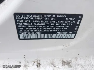 2013 Volkswagen Passat SE with VIN 1VWBP7A39DC070202, listed as a IAAI auction lot 41555860 with 149,091 mi miles. Bid and sale history available at carsss.com. Image 9.