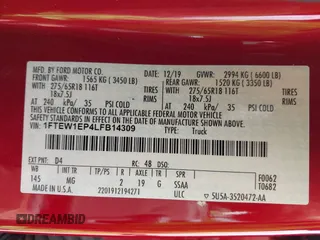 2020 Ford F-150 XL with VIN 1FTEW1EP4LFB14309, listed as a IAAI auction lot 42248456 with 73,051 mi miles and . Bid and sale history available at DreamBid. Image 9.