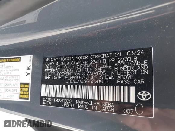 2024 Toyota Prius LE with VIN JTDACAAU9R3028815, listed as a IAAI auction lot 42150442 with 20,510 mi miles and . Bid and sale history available at DreamBid. Image 9.