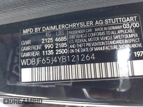 2000 Mercedes-Benz E 320 with VIN WDBJF65J4YB121264, listed as a IAAI auction lot 42245628 with 231,799 mi miles and . Bid and sale history available at DreamBid. Image 9.