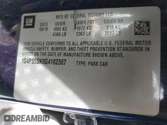 2016 Buick Verano Group with VIN 1G4PS5SK8G4182307, listed as a IAAI auction lot 42514364 with 102,594 mi miles and . Bid and sale history available at DreamBid. Image 9.