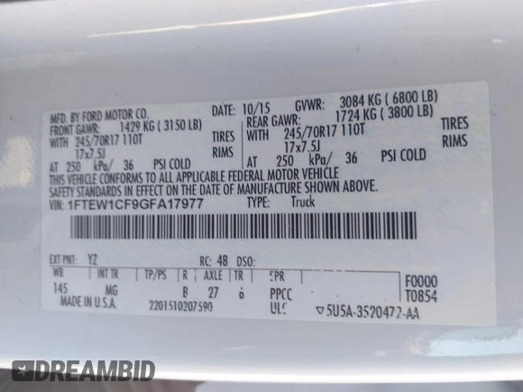 2016 Ford F-150 XL with VIN 1FTEW1CF9GFA17977, listed as a IAAI auction lot 41769780 with 199,838 mi miles and . Bid and sale history available at DreamBid. Image 9.