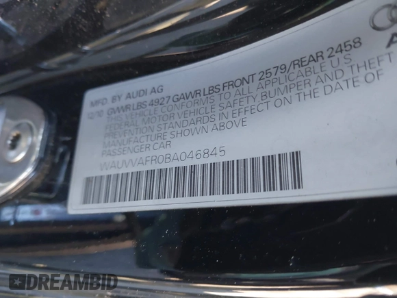 2011 Audi S5 Prestige with VIN WAUVVAFR0BA046845, listed as a IAAI auction lot 41633594 with 100,037 mi miles. Bid and sale history available at carsss.com. Image 9.