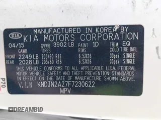 2015 Kia Soul z VIN KNDJN2A27F7230622, wystawiony jako IAAI lot #41598447 z przebiegiem 234 233 mil mil oraz . Historia ofert i sprzedaży dostępna na DreamBid. Obrazek 9.