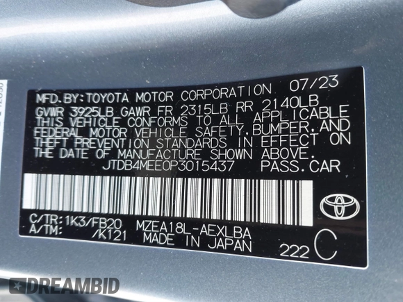 2023 Toyota Corolla LE with VIN JTDB4MEE0P3015437, listed as a IAAI auction lot 41820449 with 31,511 mi miles and . Bid and sale history available at carsss.com. Image 9.
