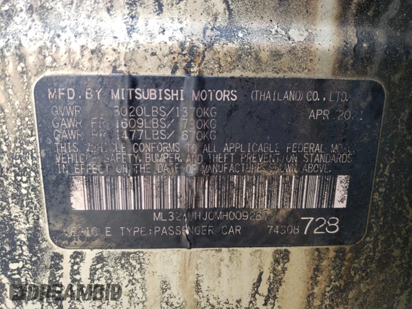 2021 Mitsubishi Mirage ES with VIN ML32AUHJ0MH009267, listed as a Copart auction lot 47106695 with Not provided miles and Salvage title. Bid and sale history available at DreamBid. Image 12.