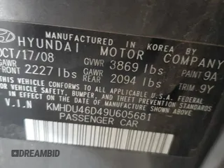 2009 Hyundai Elantra SE z VIN KMHDU46D49U605681, wystawiony jako Copart lot #55157225 z przebiegiem 220 774 mil mil oraz Szkoda całkowita • Salvage title. Historia ofert i sprzedaży dostępna na DreamBid. Obrazek 12.