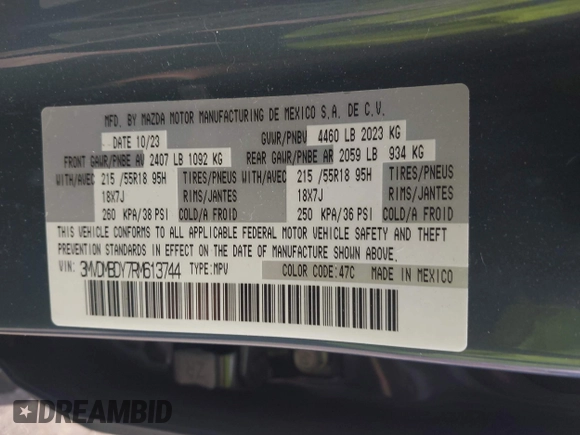 2024 Mazda CX-30 Premium z VIN 3MVDMBDY7RM613744, wystawiony jako IAAI lot #42127815 z przebiegiem 8 889 mil mil oraz . Historia ofert i sprzedaży dostępna na DreamBid. Obrazek 9.