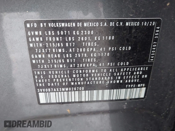 2021 Volkswagen Tiguan S with VIN 3VV0B7AX3MM026708, listed as a IAAI auction lot 41527399 with 80,061 mi miles and . Bid and sale history available at DreamBid. Image 9.
