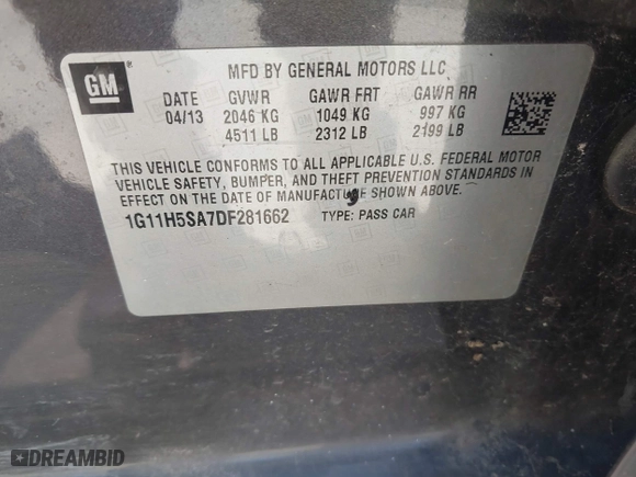 2013 Chevrolet Malibu LTZ with VIN 1G11H5SA7DF281662, listed as a IAAI auction lot 41998123 with 52,664 mi miles. Bid and sale history available at carsss.com. Image 9.