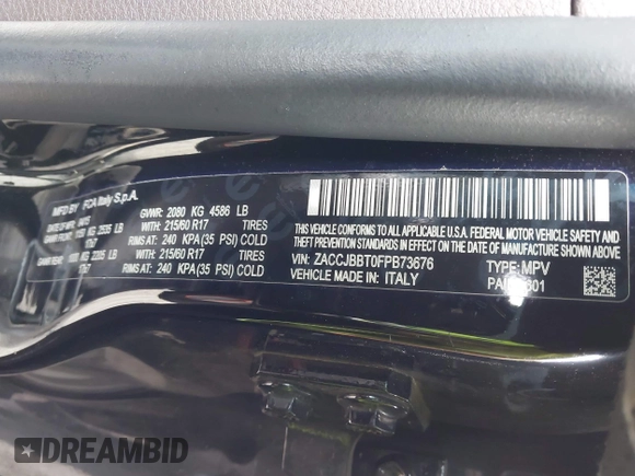 2015 Jeep Renegade Latitude with VIN ZACCJBBT0FPB73676, listed as a IAAI auction lot 42032879 with 121,953 mi miles. Bid and sale history available at carsss.com. Image 9.