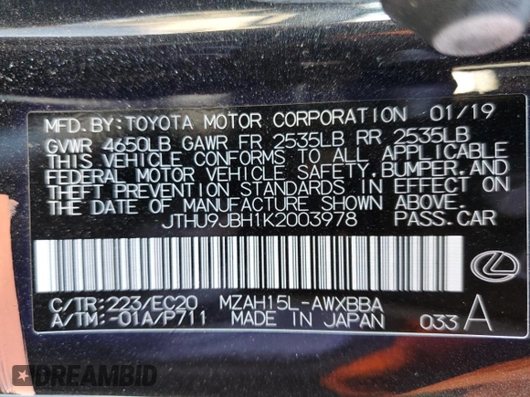 2019 Lexus UX with VIN JTHU9JBH1K2003978, listed as a Copart auction lot 71582382 with 35,239 mi miles. Bid and sale history available at carsss.com. Image 12.