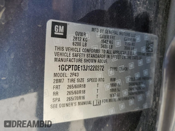 2018 Chevrolet Colorado 4WD Z71 with VIN 1GCPTDE13J1220372, listed as a Copart auction lot 56169095 with 98,725 mi miles and Salvage title. Bid and sale history available at DreamBid. Image 13.