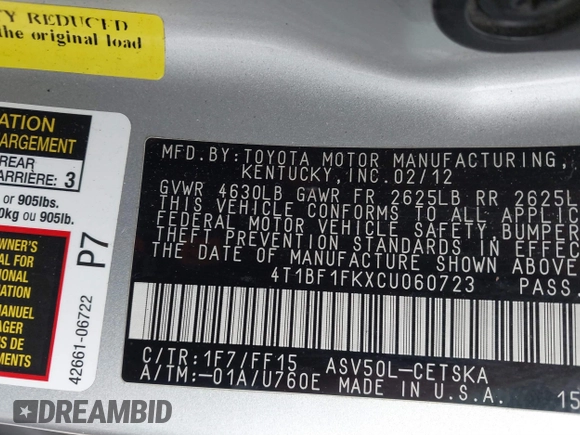 2012 Toyota Camry L with VIN 4T1BF1FKXCU060723, listed as a IAAI auction lot 41699365 with 211,767 mi miles. Bid and sale history available at carsss.com. Image 9.