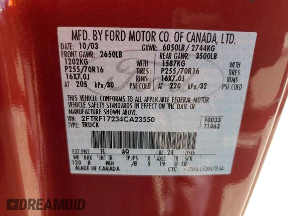 2004 Ford F-150 XL with VIN 2FTRF17234CA23550, listed as a Copart auction lot 60475835 with 290,842 mi miles and Salvage title. Bid and sale history available at DreamBid. Image 12.