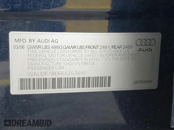 2006 Audi A4 2.0T with VIN WAUDF78E66A253655, listed as a IAAI auction lot 42456619 with 207,374 mi miles and . Bid and sale history available at DreamBid. Image 9.