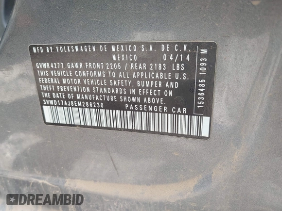 2014 Volkswagen Jetta SE z VIN 3VWD17AJ8EM286230, wystawiony jako IAAI lot #42735736 z przebiegiem 181 617 mil mil oraz . Historia ofert i sprzedaży dostępna na DreamBid. Obrazek 9.